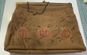 Antique PURSE/EVENING BAG Petit Point Tapestry Floral BROWN WITH ROSE DESIGN - Picture 1 of 12