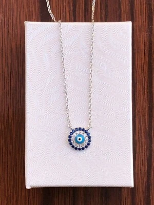 925 Sterling Silver Small Blue Cz Evil Eye Pendant Necklace Round 9mm 17.25" - Image 1 of 4