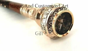Antique Compass Brass Knob Head Handle Walking Stick Wooden Curved Cane Gifts - Picture 1 of 4