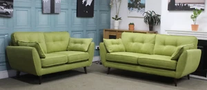 DFS ZINC PAIR OF 3 + 2 SEATER SOFAS IN HOLLIS LIME FABRIC. RRP £1528. - Picture 1 of 8