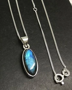 Labradorite oval pendant solid Sterling Silver chain. 16 x 8mm Stone. gift Box - Picture 1 of 12