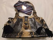 Large SHARIF Tan Snakeskin Embossed Floral Satchel Purse & Cosmetic Pouch Bag