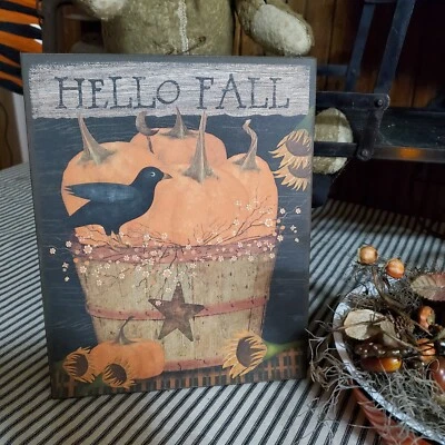 VINTAGE FOLK ART PRIMITIVE STYLE HALLOWEEN HELLO FALL PUMPKINS CROW CANVAS  SIGN - Image 1 of 4