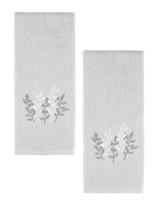 Bath Hand Towels 2 Piece Set Gray White Embroidery Leaf Stems Bathroom Decor - Picture 1 of 8