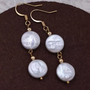 Genuine Natural 11-12mm White Freshwater Coin Pearl Beads Dangle Hook Earrings - Picture 1 of 6