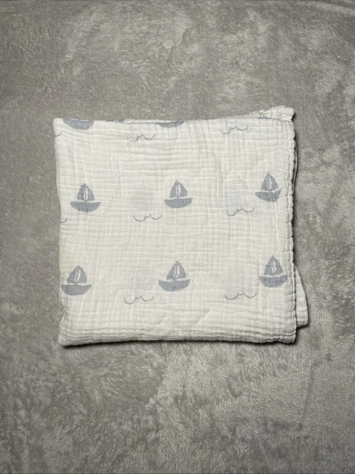 有机棉 Mart 婴儿襁褓毯帆船波浪蓝色灰色白色薄纱 — 第 1/4 张图片