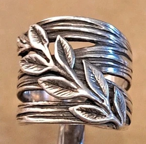 Anillo Floral Hecho a Mano Plata Esterlina Hoja de Planta Banda Ancha Cónica Talla 4.75 - Imagen 1 de 7