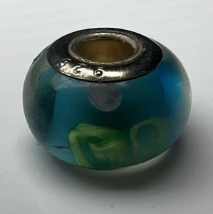 925 Sterling Silver Murano Glass Bead European Slide Charm Blue Pink Flowers - Picture 1 of 10