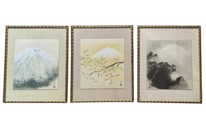 Three Framed Japanese Paintings Of Mt. Fuji In Three Seasons - Picture 1 of 10