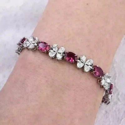 9Ct Oval Cut Lab-Created Ruby Women's Tennis Bracelet 14K White Gold Plated 7" - Image 1 of 4