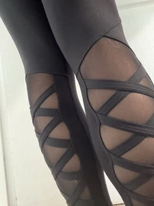 Seed Sport Tights Womens Size S Black Cross Mesh Full Length Stretch Activewear - Picture 1 of 4