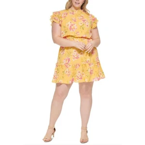 Nuevo vestido para mujer Vince Camuto amarillo floral calce y acampanado de gasa talla grande 16W - Imagen 1 de 13
