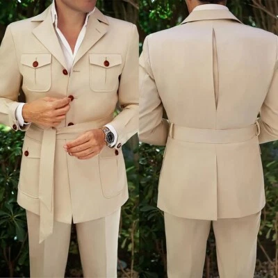 Chaquetas de safari beige para hombre con cinturón 2 piezas formal boda novio esmoquin calce ajustado Foto 1 de 4