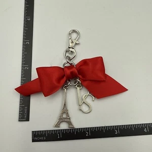 VICTORIA SECRET Logo Keychain Charm Silver Tone VS Monogram Key Ring w/bow RARE - Picture 1 of 4