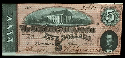 1864 $5 Confederate States of America T-69 Crisp UNC - Image 1 of 3
