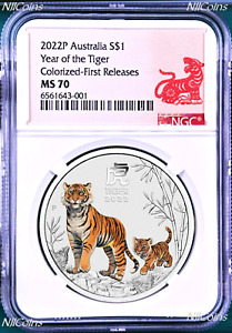 2022 Australia Colored Bullion Silver Lunar Year of Tiger NGC MS70 1oz $1 Coin