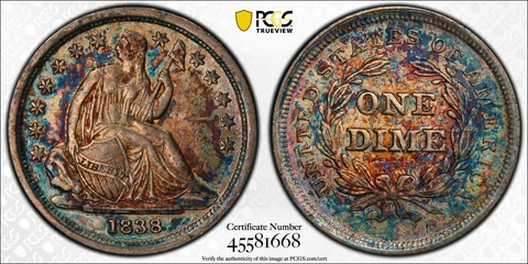 1838 Seated Liberty Dime 10c - PCGS AU55 CAC - No Drapery, Large Stars Cover