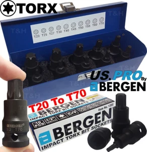 BERGEN IMPACT TORX BIT Sockets Set 1/2" Drive Impact TX Star Sockets T20 To T70 - Picture 1 of 11