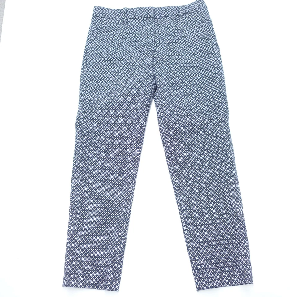 Pantalones H&M Mujer 8 Azul Blanco Geométrico Algodón Bolsillo Frente Plano Recortado Clásico Foto 1 de 4