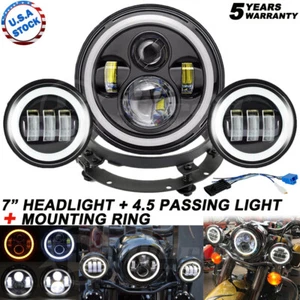 7" LED Headlight + 4.5" Fog Light + Ring for Harley Motorcycle Touring Road King - Picture 1 of 24