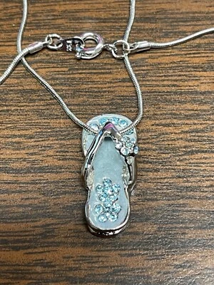 Powder Blue Aqua Flip Flop Beach Sandal Flower Charm Enamel Pendant Necklace - Image 1 of 2