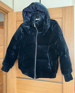 Claudie Pierlot down puffer jacket girofle hooded velvet blue size 38/M1 18%silk - Picture 1 of 17