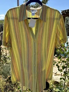 Coldwater Creek NWT $49 Linen Blend Size L Chartreuse Striped SS Button Shirt - Picture 1 of 10