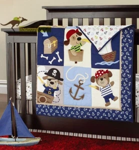 New Baby Boys 3 Pieces Cotton Nursery Bedding Crib Cot Sets-- Pirate Dog - Picture 1 of 5