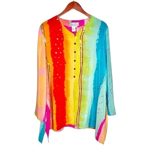 Vtg Diane Gilman 100% Silk Tie Dye Rainbow Tunic Top Sz L Sequin Splatter Print - Picture 1 of 16