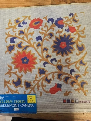 Needlepoint Canvas Vintage Eastern Floral Dritz Scovill 1970's Mcm Painted 18" - Image 1 of 4
