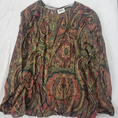 Leslie Faye Women's VINTAGE Green Red Brown Paisley Shirt top Long Sleeves 1X ? - Image 1 of 4