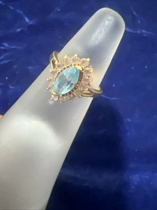 Vintage goldfarben blauer Solitär CZ Ring 9" markiert Korea klassische Verlobung - Bild 1 von 12