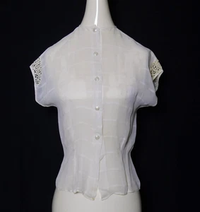Vintage Women's 1940s Rayon White Lace Sheer Cap Sleeve Blouse - Picture 1 of 9