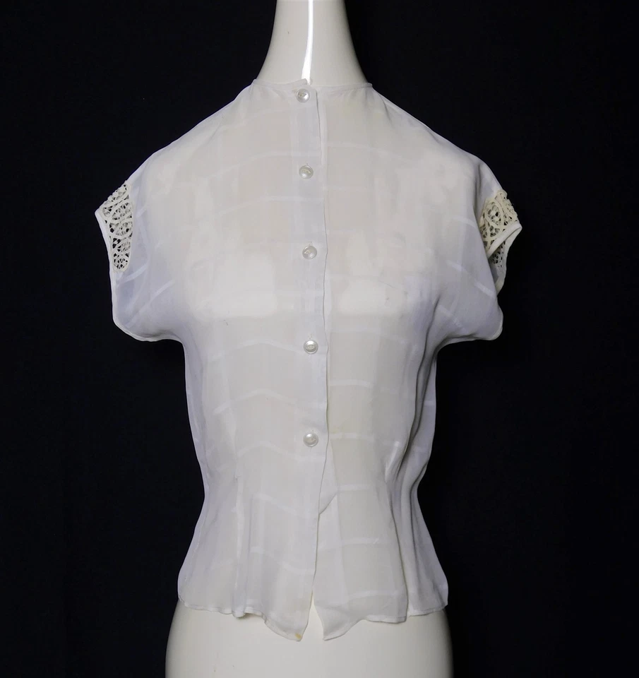 Vintage Women's 1940s Rayon White Lace Sheer Cap Sleeve Blouse - Image 1 of 4
