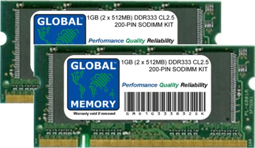 1GB (2 x 512MB) DDR 333MHz PC2700 200-PIN SODIMM MEMORY RAM KIT FOR LAPTOPS - Image 1 of 1