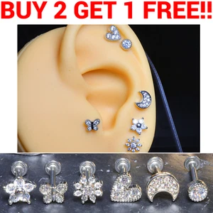 Helix Cartilage Tragus Ear Stud Piercing Bars CZ Diamante Silver Heart Star Moon - Picture 1 of 21