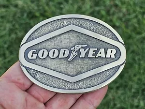 Vtg 1981 Goodyear Tires Advertising Oval Brass Belt Buckle Old OC Tanner USA - Picture 1 of 8