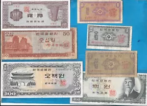 South Korea X 7 Rare Banknotes 1962 - 1966 P30,31,32,33,34,38,39 aVF - AU - Picture 1 of 15