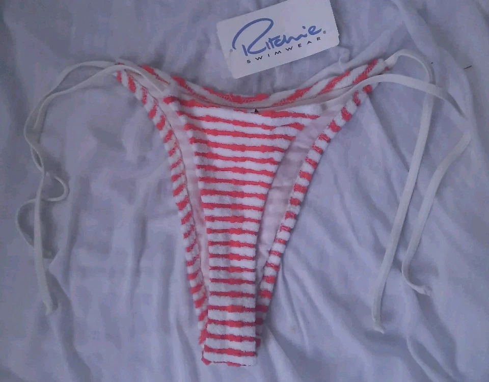NWT RITCHIE Swimwear 11/12 Y2K Terrycloth Thong Bikini Bottom Rose Stripe - Image 1 of 4