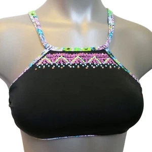 Victoria's Secret Black w/ Bali Embroidery Trim Strappy High Neck Swim Top S - Picture 1 of 1