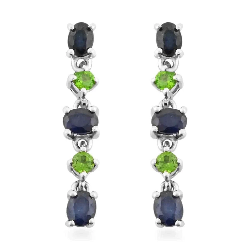1.70ctw Blue Sapphire (DF) & Chrome Diopside Dangle Earrings Platinum Plated - Image 1 of 4