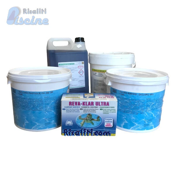 KIT PRODOTTI CHIMICI X PISCINA 50 MC DICLORO TRICLORO ALGHICIDA FLOCCULANTE PH - Immagine 1 di 1