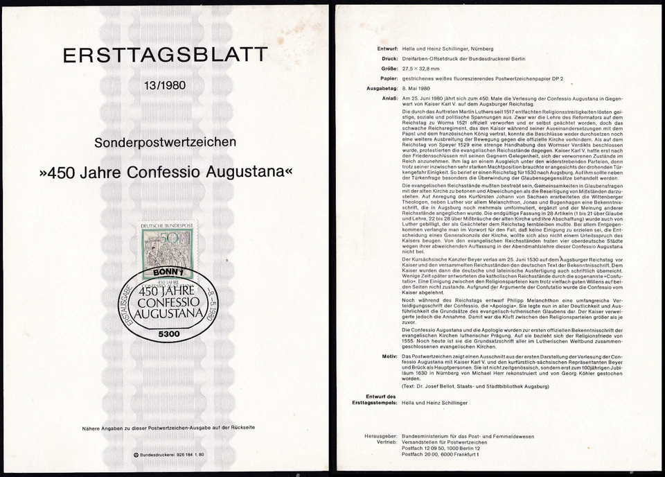 GERMANY 1980 First Day Card Michel 1051 ETB Sheet - Reading Augsburg Confession - Image 1 of 1