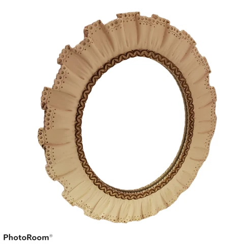Vintage Syroco Wood Mirror Ivory Lace Ruffle Cottagecore Table Stand Hanging Cover