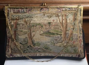Vintage Micro Petit Point Scenic W/ Border Tapestry Purse Handbag Jeweled Clasp - Picture 1 of 15