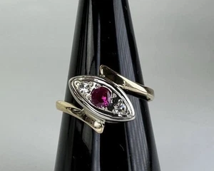 Vtg 14k Gold + Ruby + Diamond Navette Ring Sz. 7.75 Offset Bypass Marquise 2.84g - Picture 1 of 14