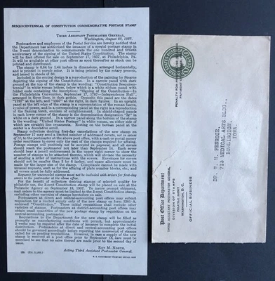 #798 1937 3c Sesquicentennial of Constitution P.O. New Stamp Announcement Letter - Image 1 of 4