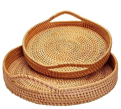 Round Rattan- Handmade Serving Tray-Decorative Woven Ottoman-Trays with Handl... - Image 1 of 4