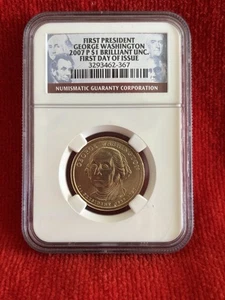 2007 P George Washington Presidential Dollar NGC non circolato 1° giorno di emissione - Foto 1 di 2
