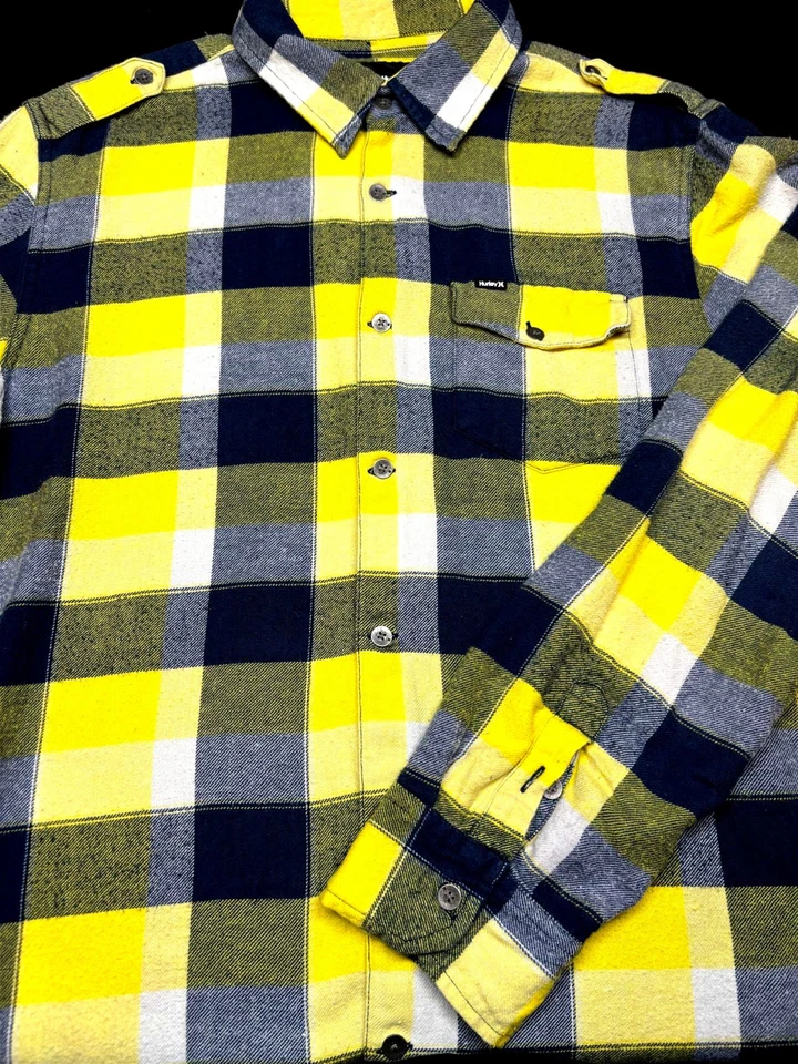 Camisa Hurley Para Hombres Botón Delantero Manga Larga Algodón Amarillo Azul Marino A Cuadros Mediana M Foto 1 de 4